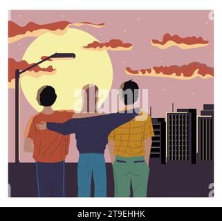 People looking forward. Friends admiring city landscape. Men and woman hug. Admiration of scenic sunset. Evening cityscape. Sky clouds. Outdoor walk. Stock Vector
