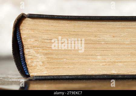 Book old, binding rib captal spine, close-up macro view Stock Photo
