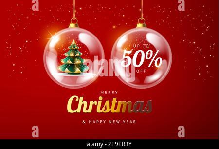 Merry Christmas sale promotion poster banner with christmas tree and 50% off discount in a shiny glass Christmas baubles - vector illustration red and Stock Vector