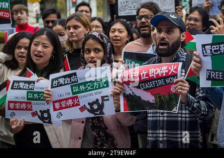 Demonstration Urging Taiwanese Government for Diplomatic Action in Palestinian-Israeli Conflict during a protest in Taipei, Taiwan on 25/11/2023 Protestors call immediate ceasefire and the cessation of Israels illegal occupation and apartheid practices The gathering underscores the urgency for action and the international community's responsibility in the face of the ongoing Palestinian plight. Banners and slogans 'Taiwan Can Help Palestine', Ceasefire Now and Free Palestine reflect solidarity and a call for global accountability. by Wiktor Dabkowski Stock Photo