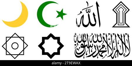 Symbols of Islam: Crescent, Star and crescent, Allah, Shahadah, Rub el Hizb, Khatim, Sujud Tilawa. Vector illustration Stock Vector