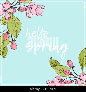 Hello Spring banner with blossoming sakura branches hand drawn, spring time, bright beautiful poster with blue background. Vector illustration Stock Vector