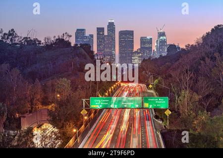 Los Angeles, California, USA skyline and highway at dusk. Stock Photo