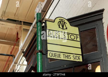 Old bus stop sign. Greater Manchester Transport Museum. Stock Photo