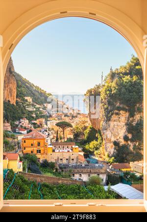 Amalfi, Italy on the Mediterranean coast through a window. Stock Photo