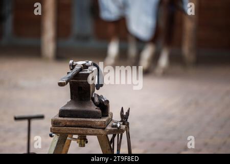 Farrier tools on the anvil in stable. Preparing to put horseshoes on horse Stock Photo