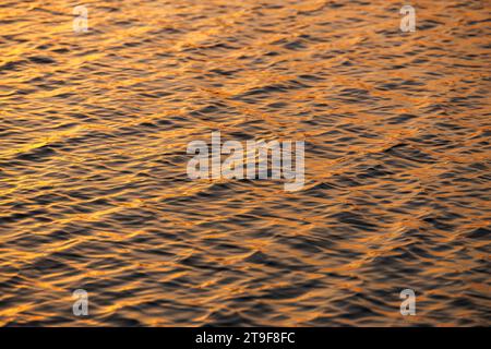 Reflection of golden sunset on water surface. Full frame natural backgrounds of lake or sea waves Stock Photo