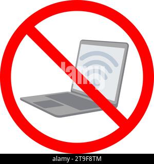 No laptop prohibition sign. Sign with crossed laptop with wi-fi sign vector illustration isolated on white background Stock Vector