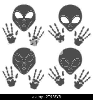 Set of black and white illustration with alien face and hands. Isolated vector object on white background. Stock Vector