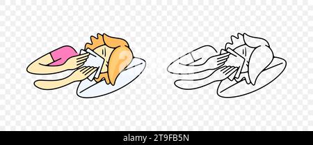 Sick woman blowing her nose or sneezing into handkerchief, graphic design. Disease, illness, sickness, virus and treatment, vector design Stock Vector