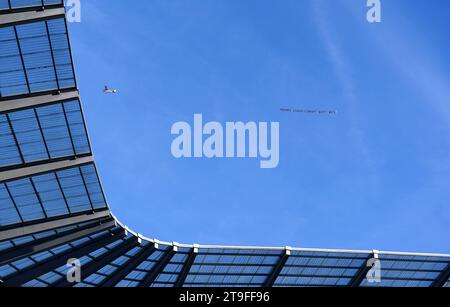 A plane, organised by An Everton fan group, carrying a banner protesting against Everton's points deduction, flies over the Etihad Stadium, home of Manchester City during the Premier League match against Liverpool. Picture date: Saturday November 25, 2023. Stock Photo