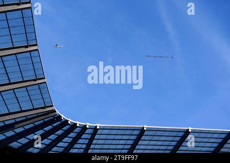 A plane, organised by An Everton fan group, carrying a banner protesting against Everton's points deduction, flies over the Etihad Stadium, home of Manchester City during the Premier League match against Liverpool. Picture date: Saturday November 25, 2023. Stock Photo