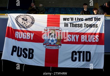 Coventry City banners are fixed to the stands before the Sky Bet Championship match at The Den, London. Picture date: Saturday November 25, 2023. Stock Photo