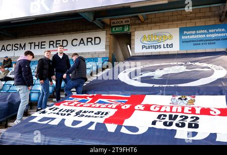 Coventry City banners are fixed to the stands before the Sky Bet Championship match at The Den, London. Picture date: Saturday November 25, 2023. Stock Photo