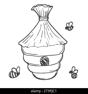 hand drawn bee hive in doodle style. natural bee honey. Vector illustration isolated Stock Vector