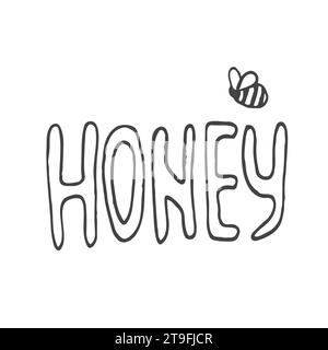 Honey lettering surrounded by bees and doodle flowers. Vector stylized background on a white background Stock Vector