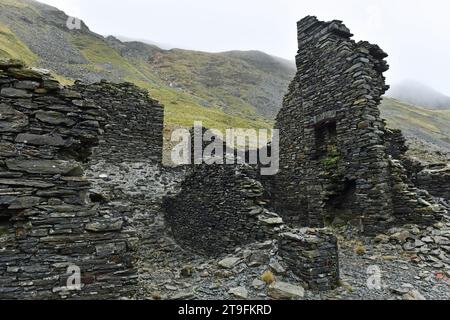 Remains of old buildings at the once busy Tin Mining location at Cwmystwyth high up in Ceredigion, Mid Wales  - all now just crumbling ruins abandoned Stock Photo