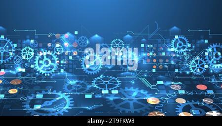 Gear wheel technology pattern on blue gradient background. Hand drawn vector. Stock Vector