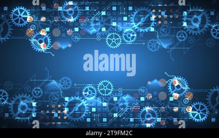 Gear wheel technology pattern on blue gradient background. Hand drawn vector. Stock Vector