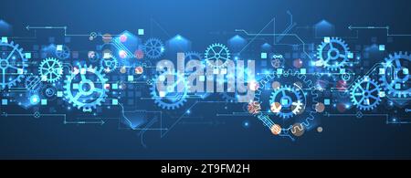 Gear wheel technology pattern on blue gradient background. Hand drawn vector. Stock Vector
