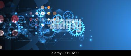 Gear wheel technology pattern on blue gradient background. Hand drawn vector. Stock Vector