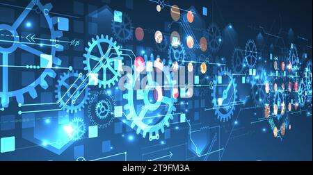 Gear wheel technology pattern on blue gradient background. Hand drawn vector. Stock Vector