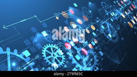 Gear wheel technology pattern on blue gradient background. Hand drawn vector. Stock Vector