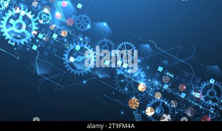 Gear wheel technology pattern on blue gradient background. Hand drawn vector. Stock Vector