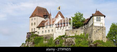 Castle of Burgdorf along the river Emme high on a hill entrance to Emmental, canton Bern in Switzerland Stock Photo