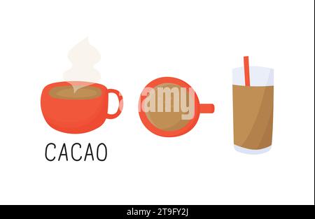 Set of cacao drinks in mugs and grass with straw. Red cup with hot chocolate or cappuccino. Stock Vector