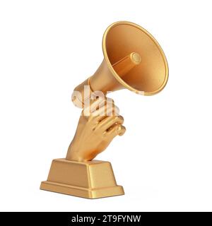 Golden Business Award Trophy in Shape of Hand with Megaphone on a white background. 3d Rendering Stock Photo