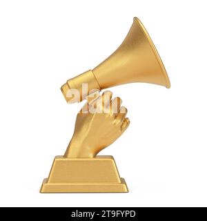 Golden Business Award Trophy in Shape of Hand with Megaphone on a white background. 3d Rendering Stock Photo