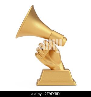 Golden Business Award Trophy in Shape of Hand with Megaphone on a white background. 3d Rendering Stock Photo