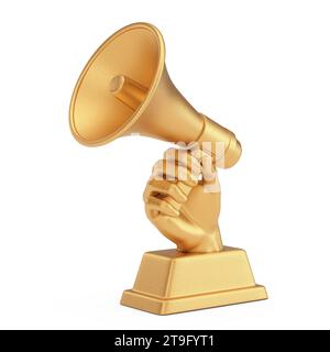 Golden Business Award Trophy in Shape of Hand with Megaphone on a white background. 3d Rendering Stock Photo