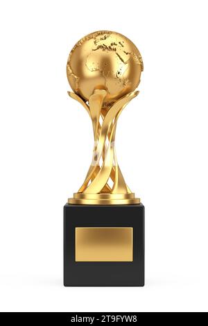 Golden Award Trophy with Golden Earth Globe on a white background. 3d Rendering Stock Photo