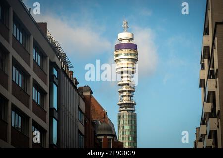 LONDON- NOVEMBER 23, 2023:  The BT Tower, headquarters of British Telecom, a British multinational telecommunications company Stock Photo