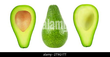 Avocado fruit, whole and cut isolated on white background with clipping path, element of packaging design.  Set of parts. Stock Photo