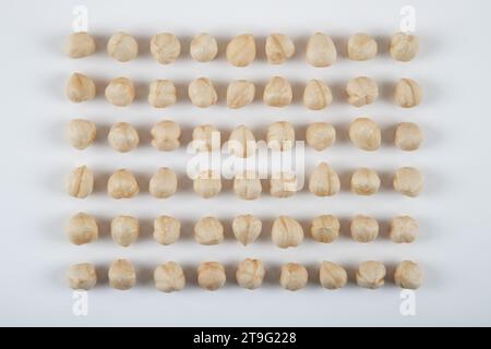 Group of peeled hazelnuts isolated on white background. Arranged in order.Top view Stock Photo