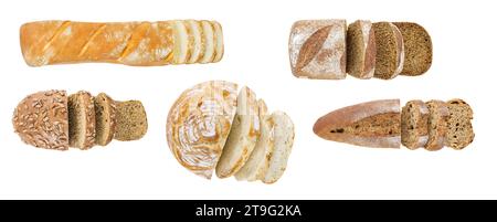 Bakery products baking sliced, set of white and dark bread, top view, isolated on white background Stock Photo