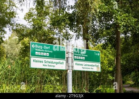 Burg, Germany - July 22, 2023: Street sign near Burg in Spreewald Venice of Germany with lots of canals and water pleasure between Dresden and Berlin in Brandenburg state in Germany Stock Photo