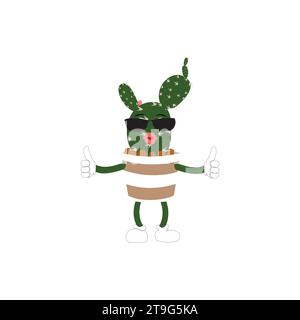 Cartoon cactus plant in a pot character mascot in black sunglasse, cartoon characters stickers. Spiky plant in different poses Stock Vector