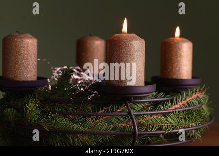 Advent wreath with two golden burning candles. (CTK Photo/Petr Malina) Stock Photo