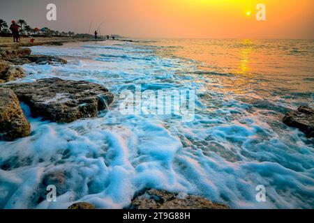 RAS TANURA beach in Jubail, Saudi Arabia, is a popular destination for fishing enthusiast. Many Locals and Visitors enjoy fishing at RAS TANURA beach Stock Photo