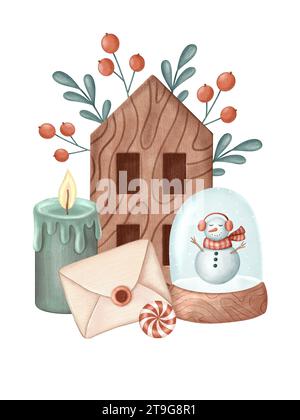 Christmas crayon composition with hand painted seasonal items - wood house, snow man in the snow globe, letter, candle, lollipop. For card, print Stock Photo