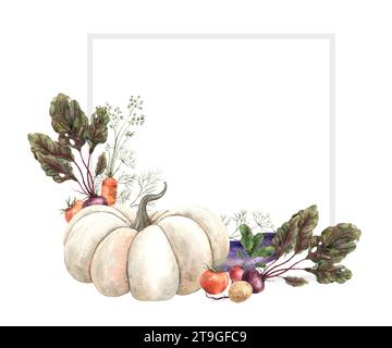 Square watercolor frame with vegetables: pumpkin, radishes, carrots, dill, tomato, beets, onions. Hand drawn in watercolors. Use in the design Stock Photo