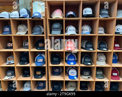 Islamorada, FL USA - August 22, 2022:  The hat display in a Bass Pro Shop in Islamorada, Florida. Stock Photo