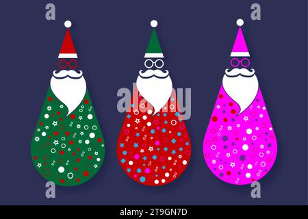 Santa Claus Christmas fashion hipster style set icons. Colorful Santa hats, moustache and beards, glasses. Xmas tilting toys for your festive design. Stock Vector