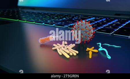 Pathogens on the surface of a portable notebook. - 3d illustration Stock Photo