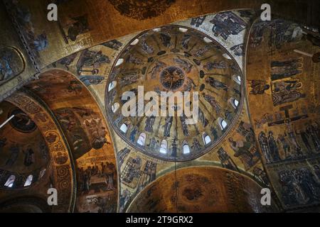 Venice, Italy - November 9 2023: Interior view of St Mark Basilica with golden mosaics covered in Piazza San Marco Stock Photo