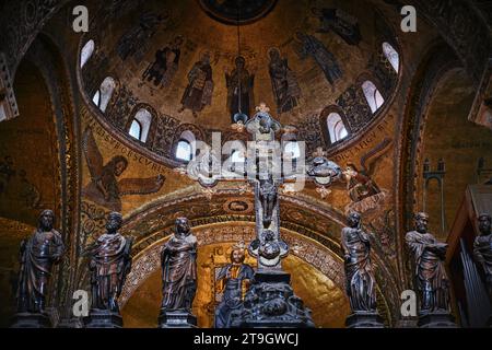 Venice, Italy - November 9 2023: Interior view of St Mark Basilica with golden mosaics covered in Piazza San Marco Stock Photo